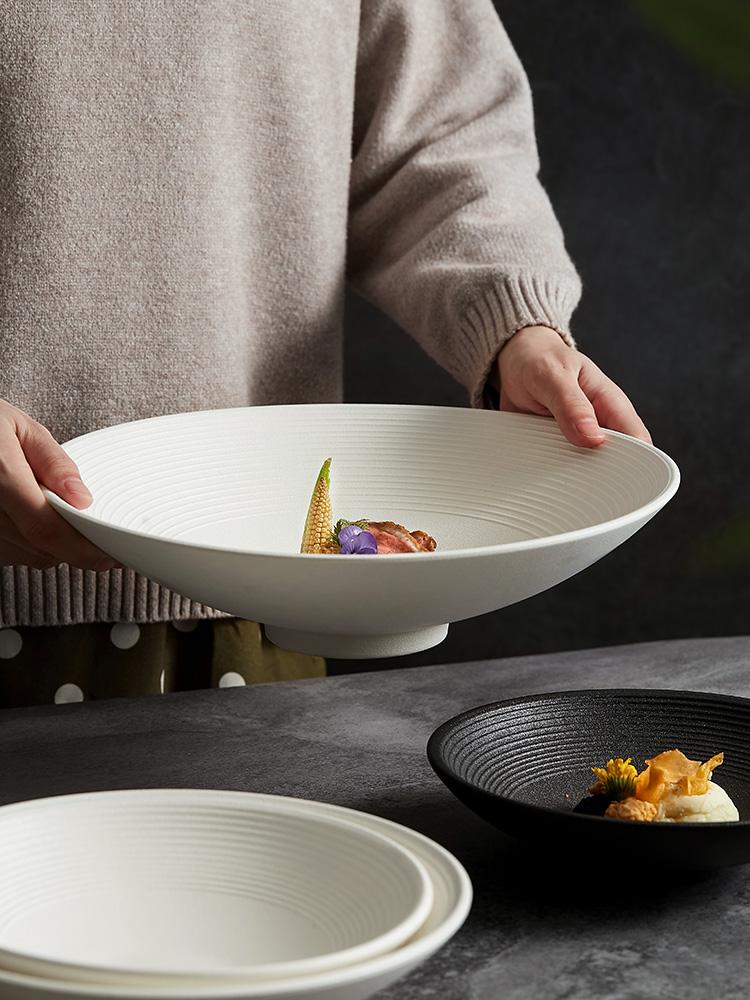 12inches European Ceramic Bucket Bowl Black White Thread Fruit Salad Dessert Plate Large Western Soup Bowl Kitchen Tableware New