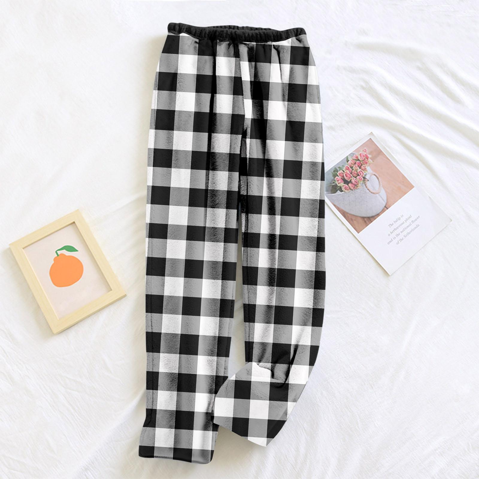 

Жіночі піжамні штани, плюшеві штани для сну, м’які штани з еластичною талією, штани в клітку з 2 кишенями L чорний