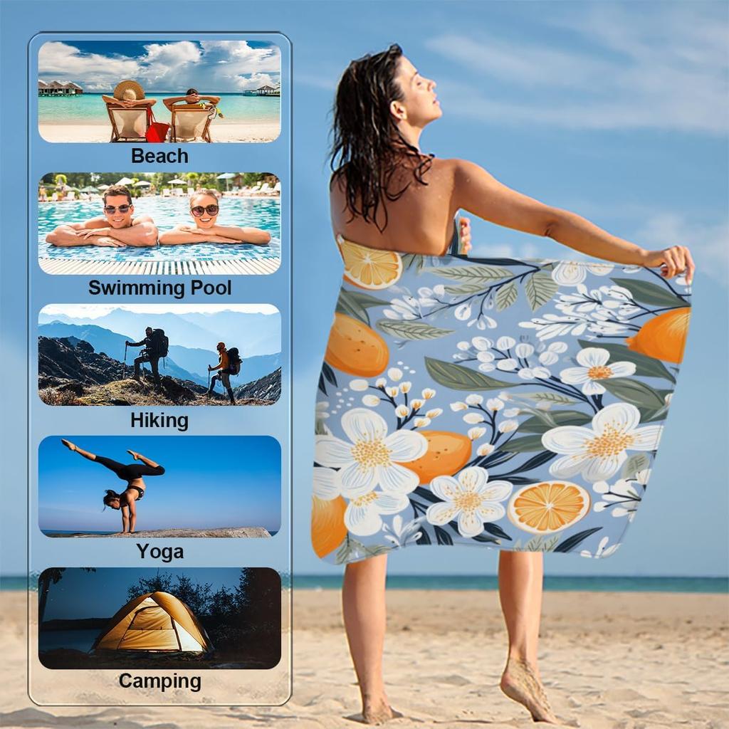 Fruit Orange Florals Large Beach Towel Microfiber Beach Towels for Adults Quick Pool Towel Travel Compact Bath Towel Sandproof