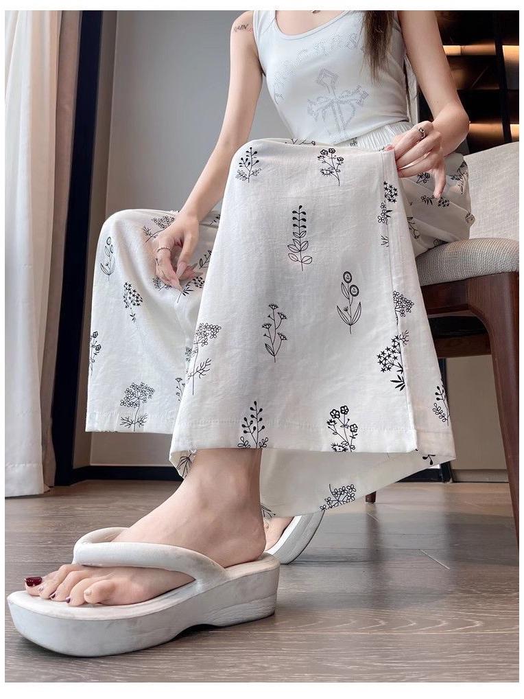 Women's Ethnic-Style High-Waist Ice Silk Loose Cropped Trousers - Summer Slimming Wide-Leg Pants