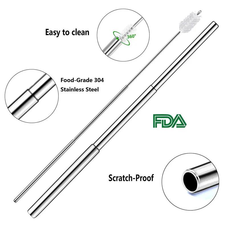 Stainless Steel Telescopic Drinking Straw, Portable Straw for Travel, Reusable Collapsible Metal Drinking Straw with Brush