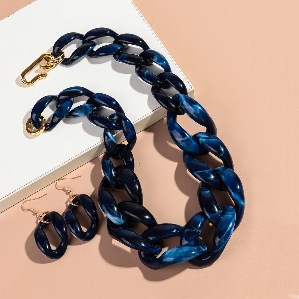 Statement Acrylic Earring Necklace Set for Women Men Boho Thick Link Chain Pendant Rock Jewelry Gifts