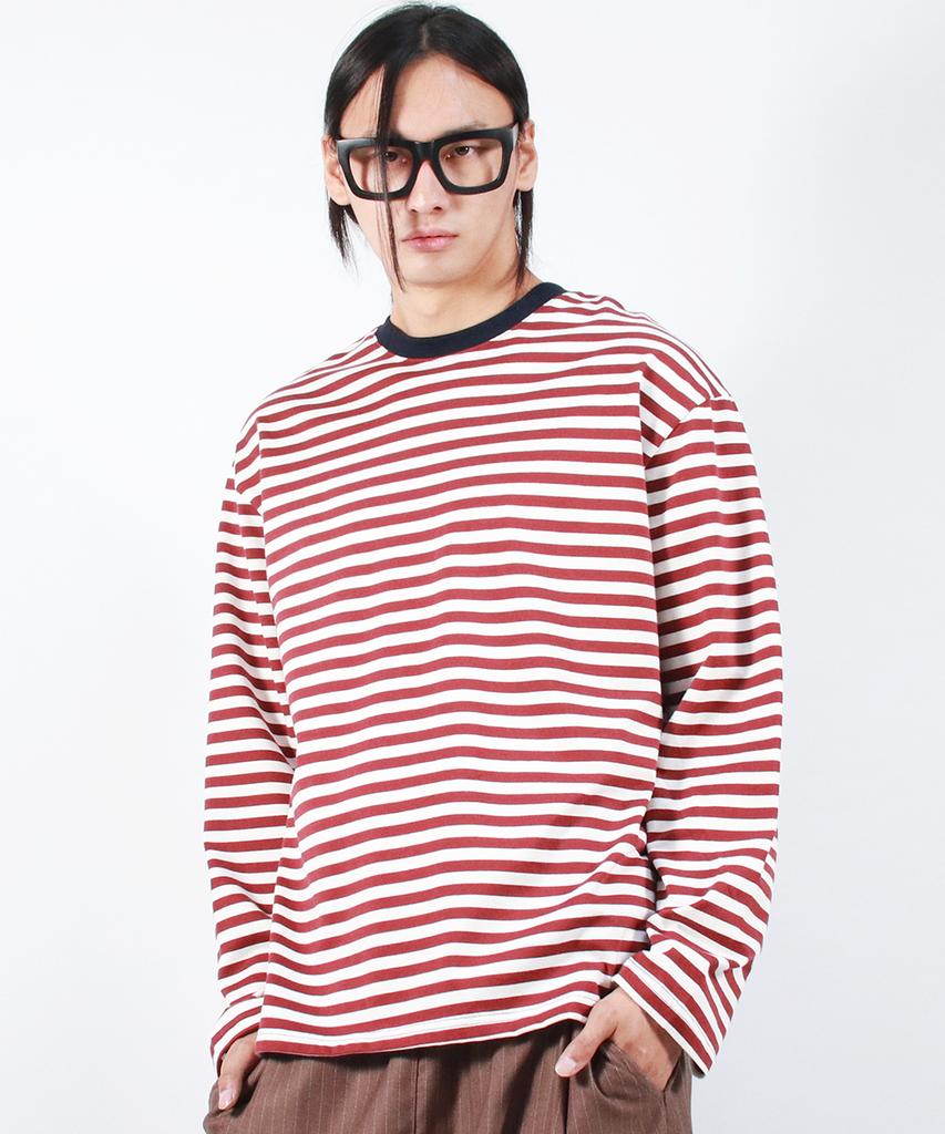 Deumakeu M Stripe Loose-Fit Long Sleeve Tee - Burgundy