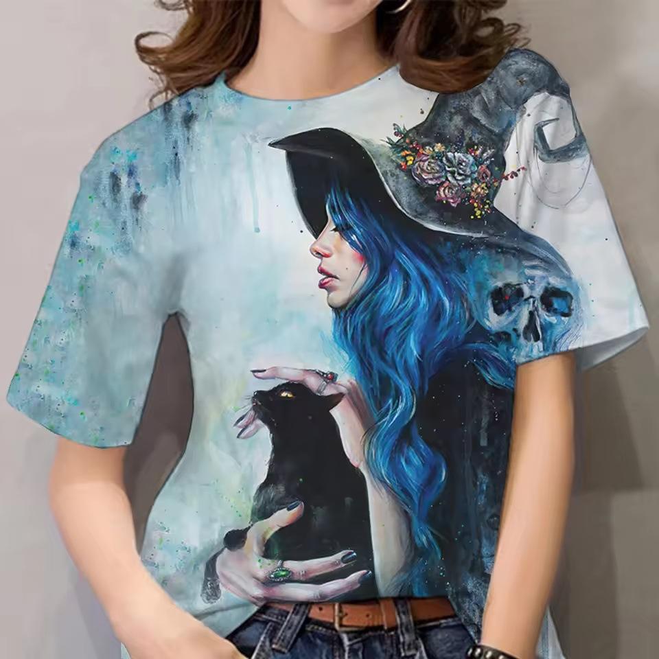 Sommermode Lässig Persönlichkeit 3D Hexen-Print Top Halloween Spaß Geschenk Damen T-Shirts