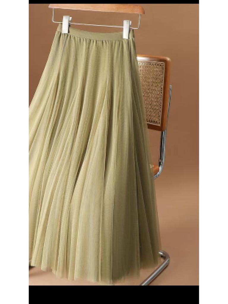 2025 High-Waist A-Line Mesh Skirt: Three-Layer Pleated Fairy Skirt for Spring & Autumn