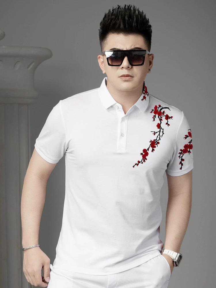 Guochao 2025 New Style Plum Blossom Embroidered Lapel Polo Shirt for Men, Summer Business Casual Short-Sleeve T-Shirt Men's Top