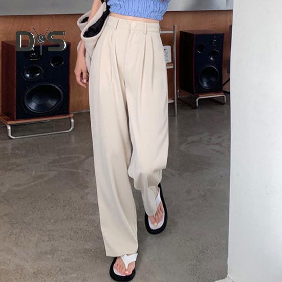 Women Suit Pants Button Zipper Fly High Waist Long Trousers Solid Color Straight Wide Leg Office Lady Pants