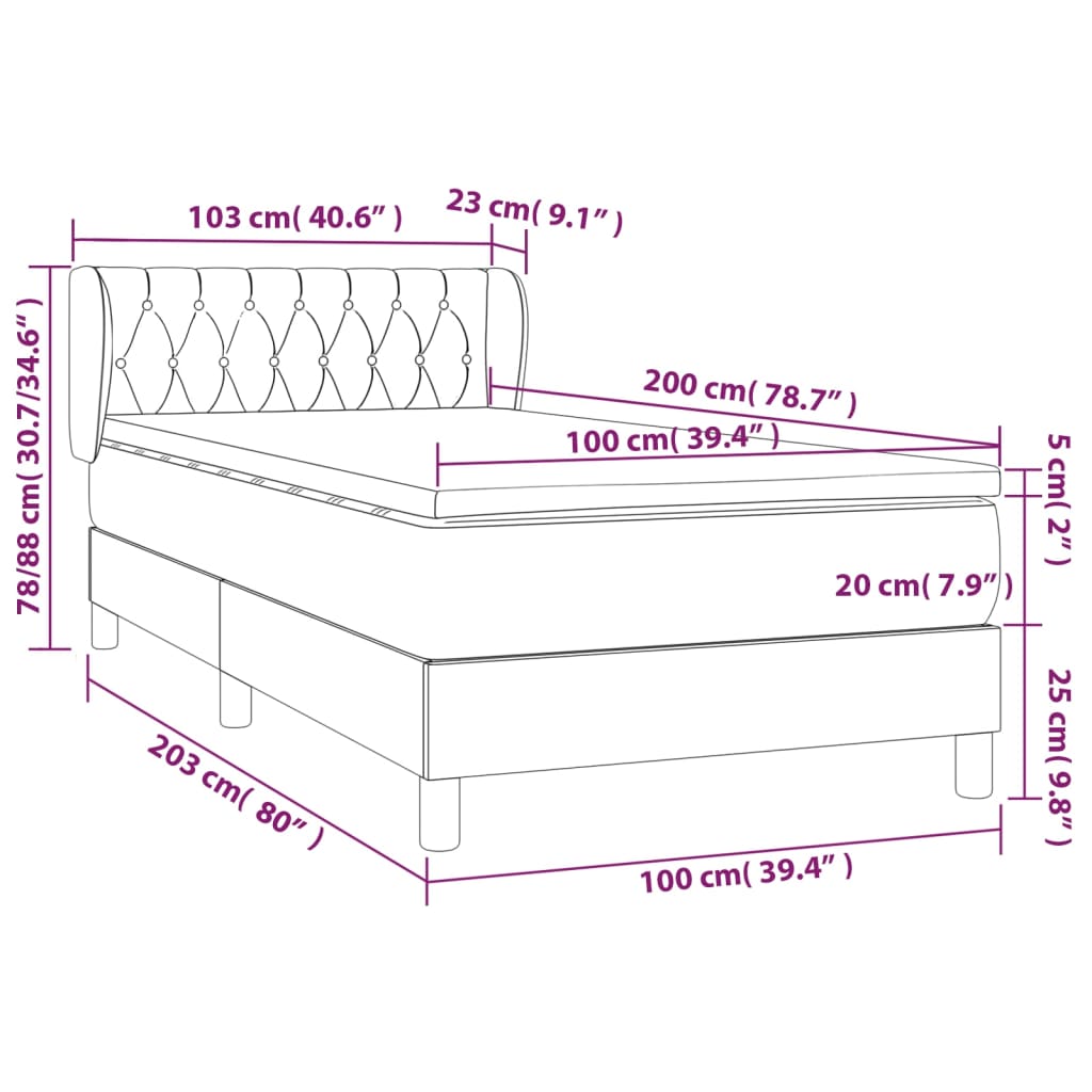 Vidaxl Continental Bed With Mattress, Black, Fabric, 100X200 Cm