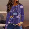 Women's Fashionable Carnival Print Round Neck Long Sleeve Top With Slit Hem