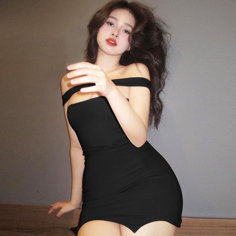 Autumn Street Style Sexy Strapless Solid Color Patchwork Neck Bag Hip Spice Short Dress