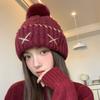 Knitted hat women's velvet thickened warm cold hat versatile ear protectors loose big head circumference hairball wool hat