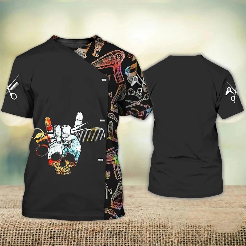 Fashion New Customized Barber Men's T-shirt Street Element Round Neck Plus Size Comfortable Short sleeved Top