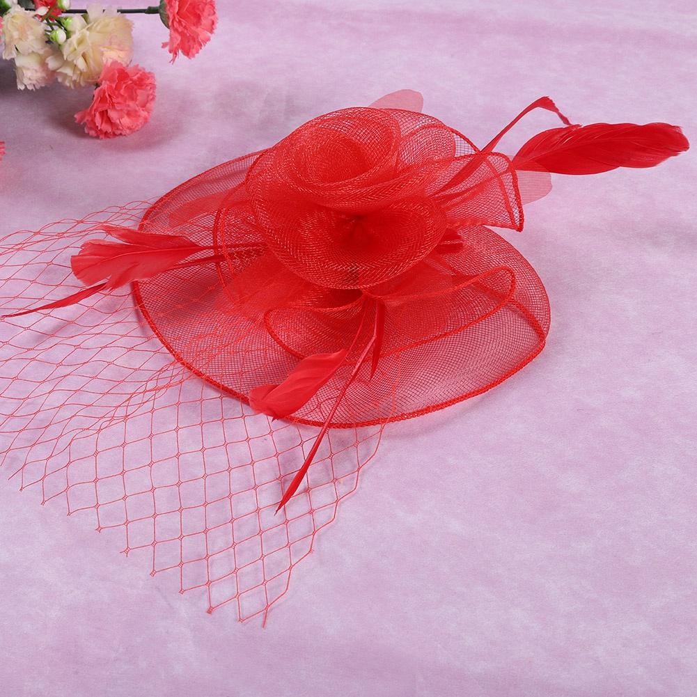 Ladies Gauze Hat Bridal Wedding Birdcage Fascinator Hair Accessory (Red)