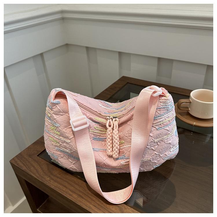 

Повседневная сумка через плечо для ежедневных поездок, стильная и простая, вместительная сумка-тоут с вышитыми нитками и диагональным крестом розовый