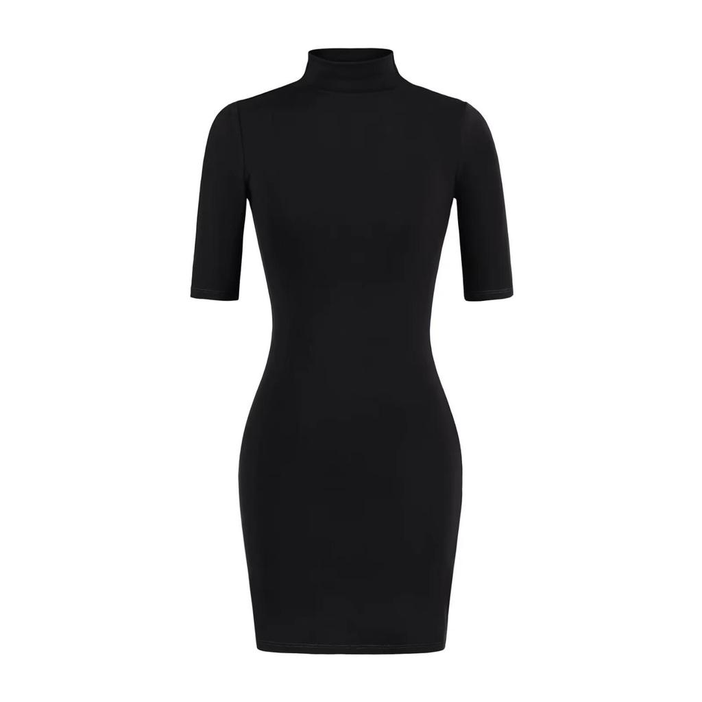 Pure Desire High Neck Slim Fit Mid-Sleeve Dress for Women – Waist-Cinched Hip-Hugging Skirt
