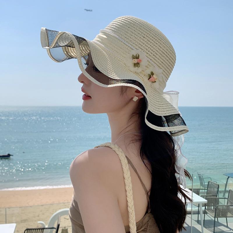 New hat women's summer small fresh straw hat sweet streamer beach hat vacation sunshade sun hat