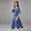 100% Mulberry Silk Butterfly Print Dress 2026 Summer Round Neck Short Sleeved Lace Up Silk Dress