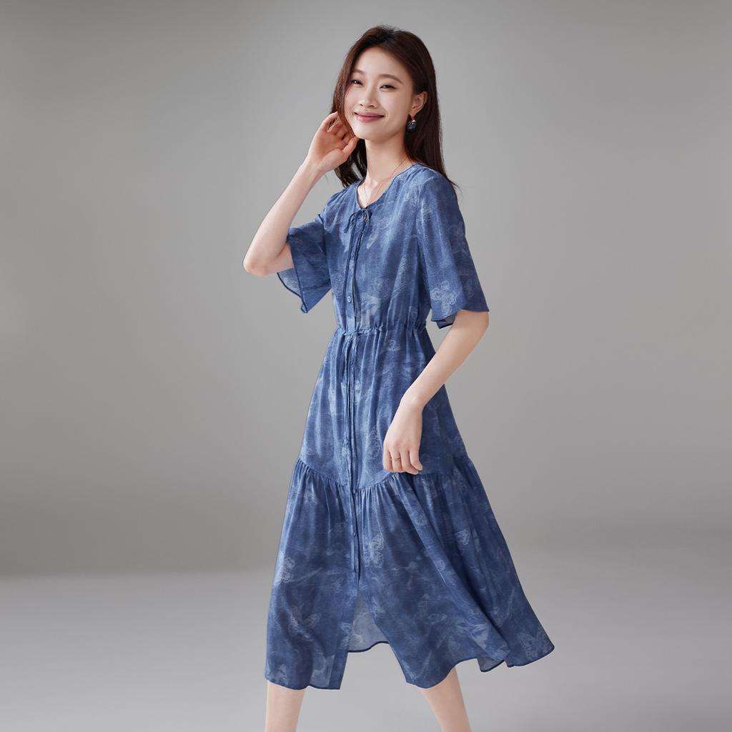 100% Mulberry Silk Butterfly Print Dress 2026 Summer Round Neck Short Sleeved Lace Up Silk Dress