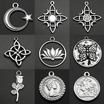 Witch Knot Star Moon Charms Stainless Steel Gothic Jewelry Making Supplies for Women Men Silver Flower Pendant