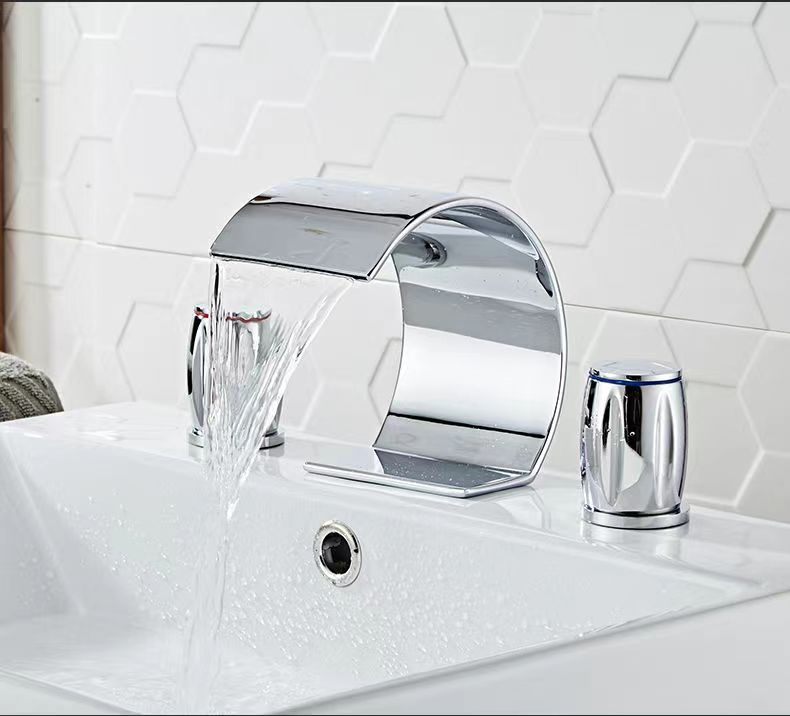 Basin Faucet 3 Holes Double Handles Bathroom Waterfall Faucet Nickel Finished Three Pieces Bathroom Bathtub Faucet Crane Tap