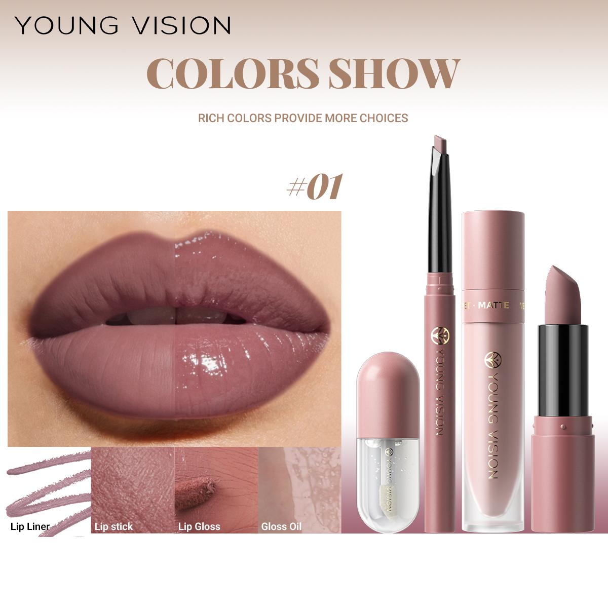 YOUNG VISION 4pcs Lip Set, Matte Lipstick Liquid Lip Gloss Lip Liner and Hydrating Lip Oil Makeup Kit, 8 Colors Available 1#