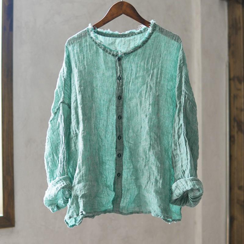 Johnature Vintage Women Shirts O-Neck Long Sleeve Button Blouses Autumn Loose Solid Color Casual Female Shirts