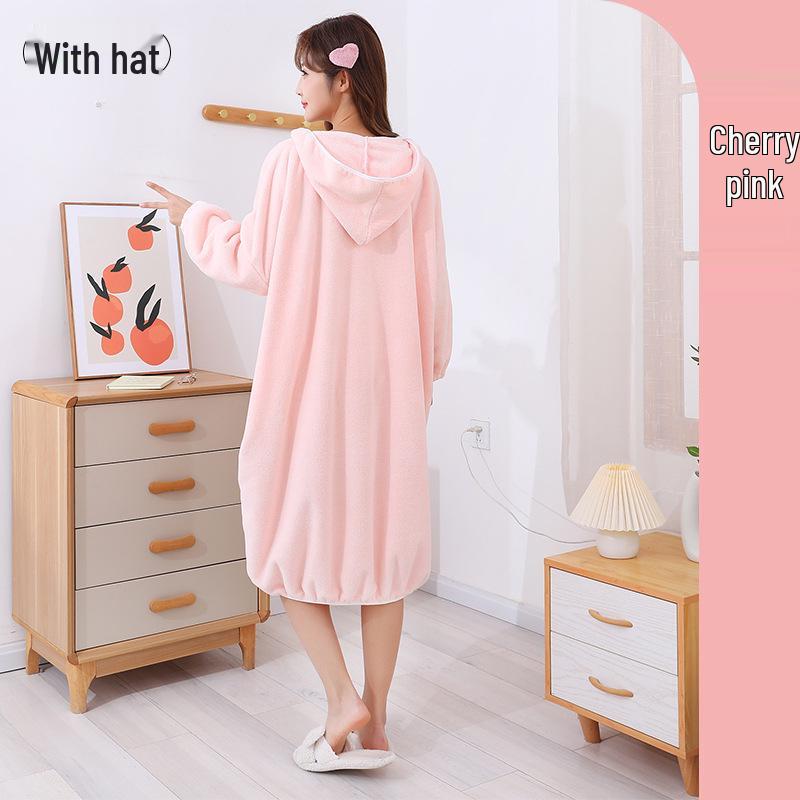Women's Thickened Winter Hooded Bathrobe - Absorbent Coral Fleece Bath Towel with Long Sleeves and Bath Skirt