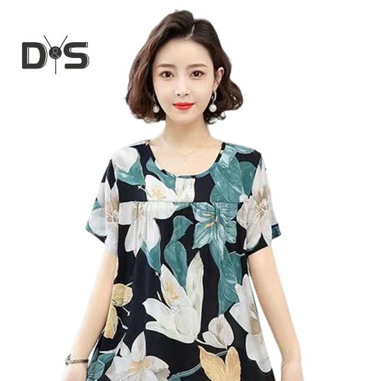 Women Nightdress Loose Floral Print Round Neck Pleated Short Sleeves Knee Length Homewear Casual Midi Dress Lady Nightgown Midi Dress