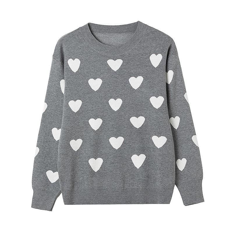Women's Heart Shape Jacquard Knit Sweater - European & Korean Style, Loose Fit for Autumn/Winter