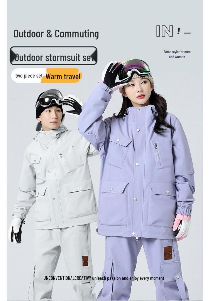 Trendy Outdoor Hooded Jacket & Pants Set - Three-Proof, Casual Sportswear for Couples, Ideal for Spring & Autumn.