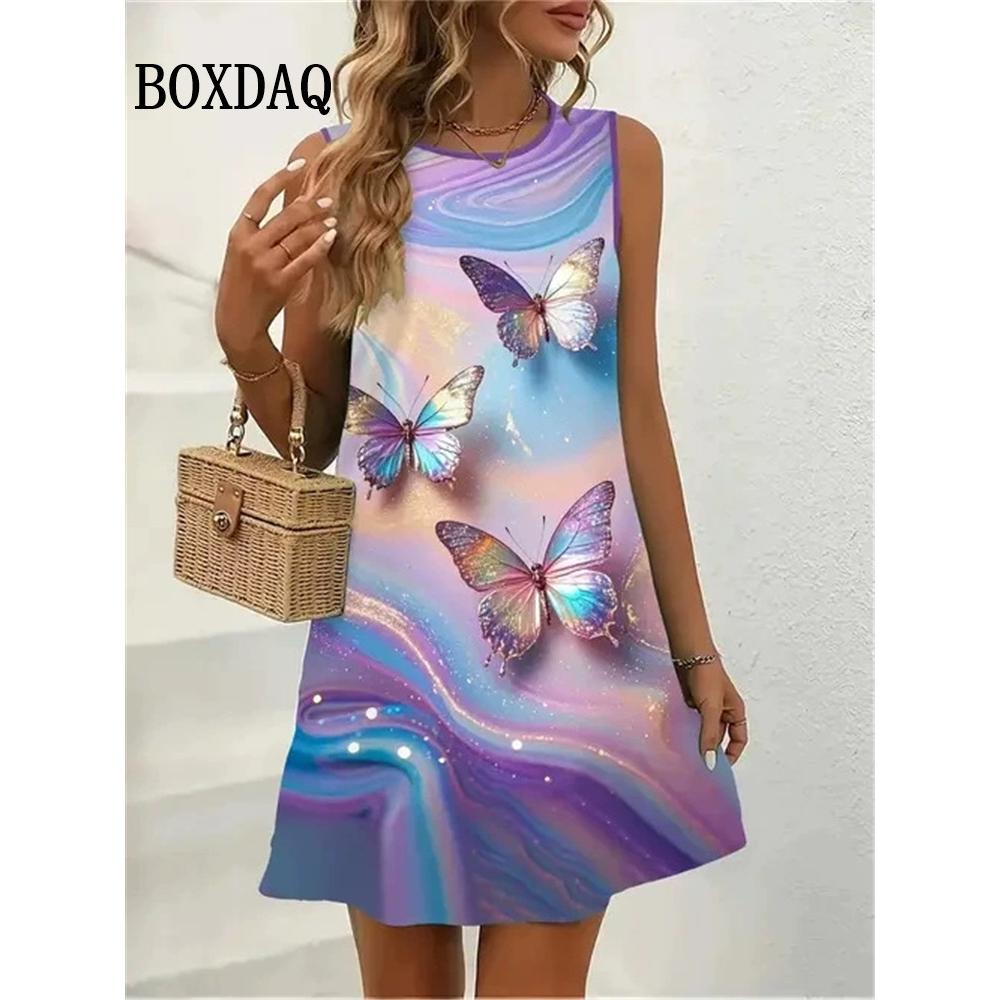 Summer Fashion Cat Pattern 3D Print Dresses Women Casual Sleeveless Flowers Beach Short Dress