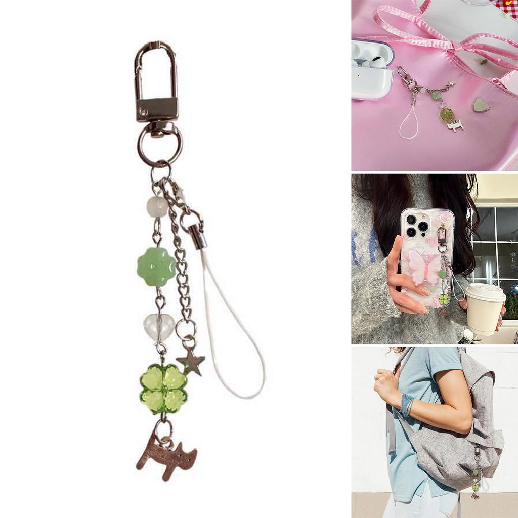 Cat Charm with Four Leaf Clovers Keychain Colorful Beaded Keyring Decoration Hanging Ornament for Bags and Phones