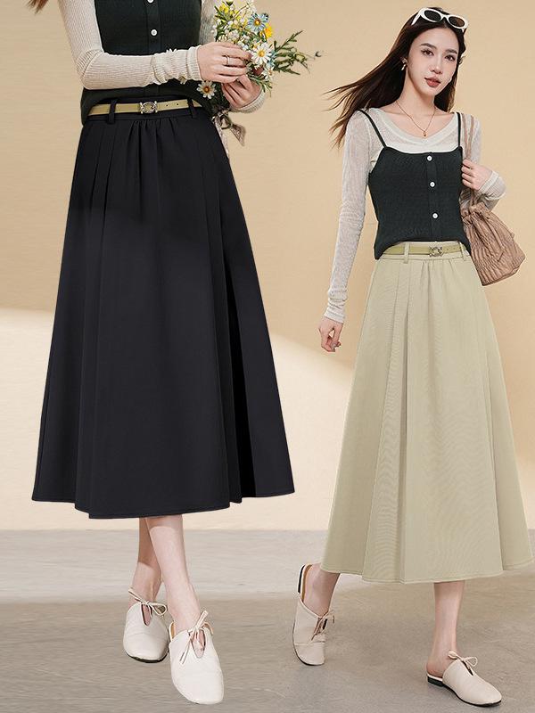 Women's Tencel Wool A-line Midi Skirt, High Waist, Hip-Covering, Pleated, Spring/Autumn 2025
