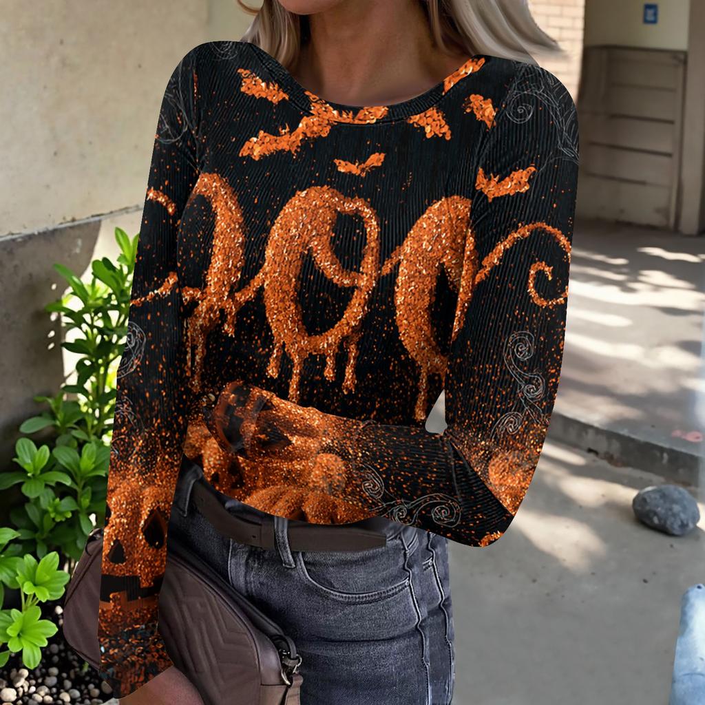 Women's Casual Long Sleeve Ribbed Knit Top Halloween Print Round Neck Slim Fit Stretchy Pullover Shirt for Fall Season