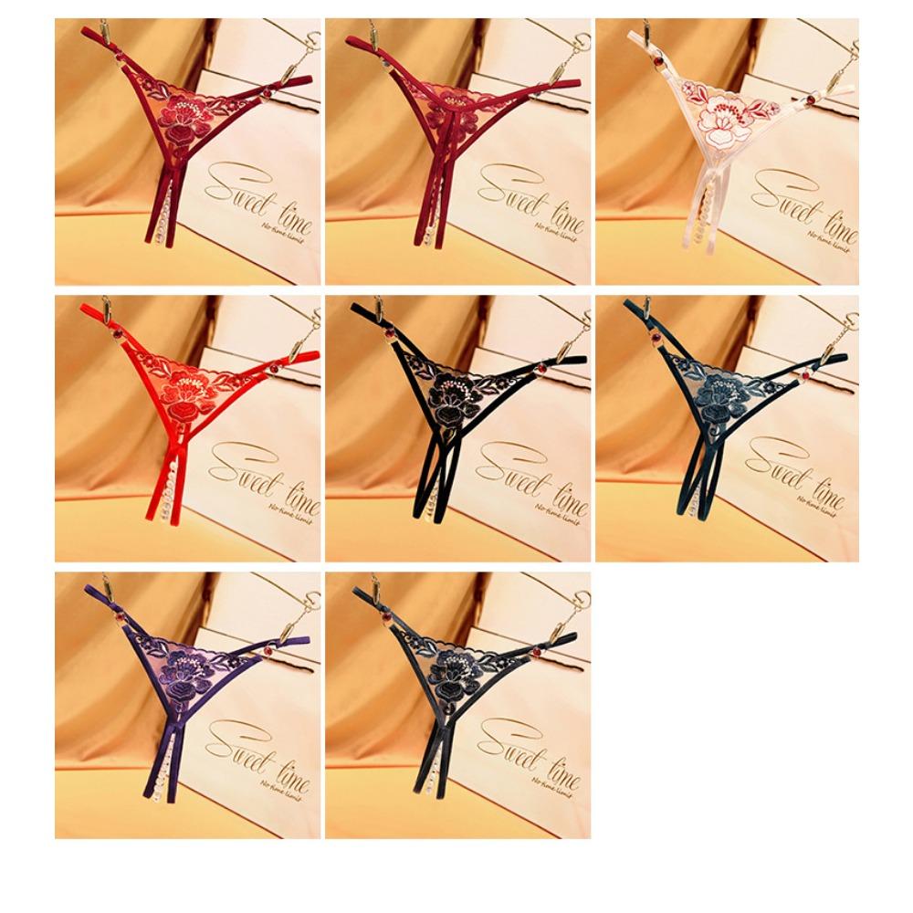 Black Temptation Diamond Thong Women's Perspective Embroidery Playable Beaded Crotch Free Sexy Panties 2270