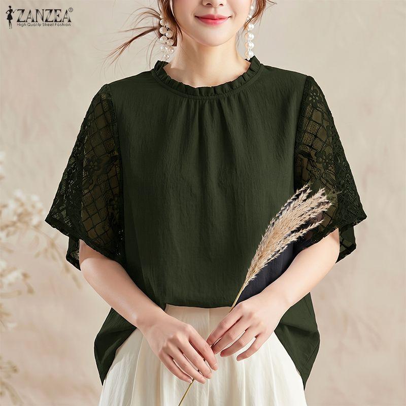 ZANZEA Women Casual Round Neck Lace Splice Half Sleeve Blouse