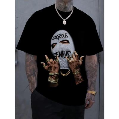 Men Black Cartoon Print 3d T Shirt Short Sleeve O-Neck TShirt Vintage Polyester Breathable Sport Casual Large Size T-Shirts Men’s