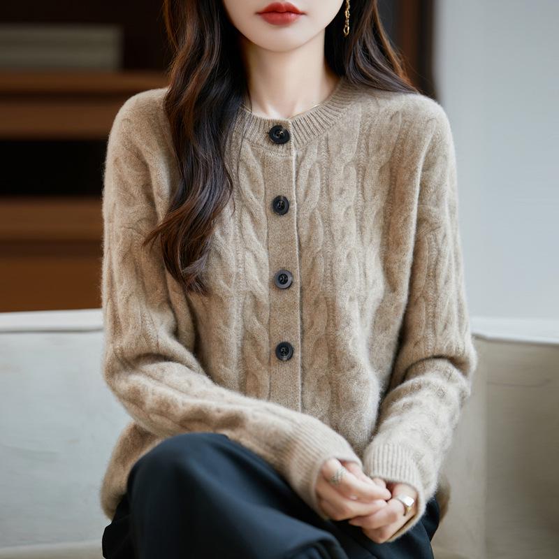 Women's Thickened Pure Wool Cardigan - Versatile Round Neck Cable Knit Sweater Jacket