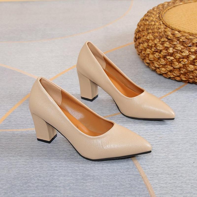 Fashion Simple Block Heel Soft Leather Single Shoes Women's Pointed Toe Shallow Mouth Cover Foot Anti-Slip Wear-Resistant High Heels