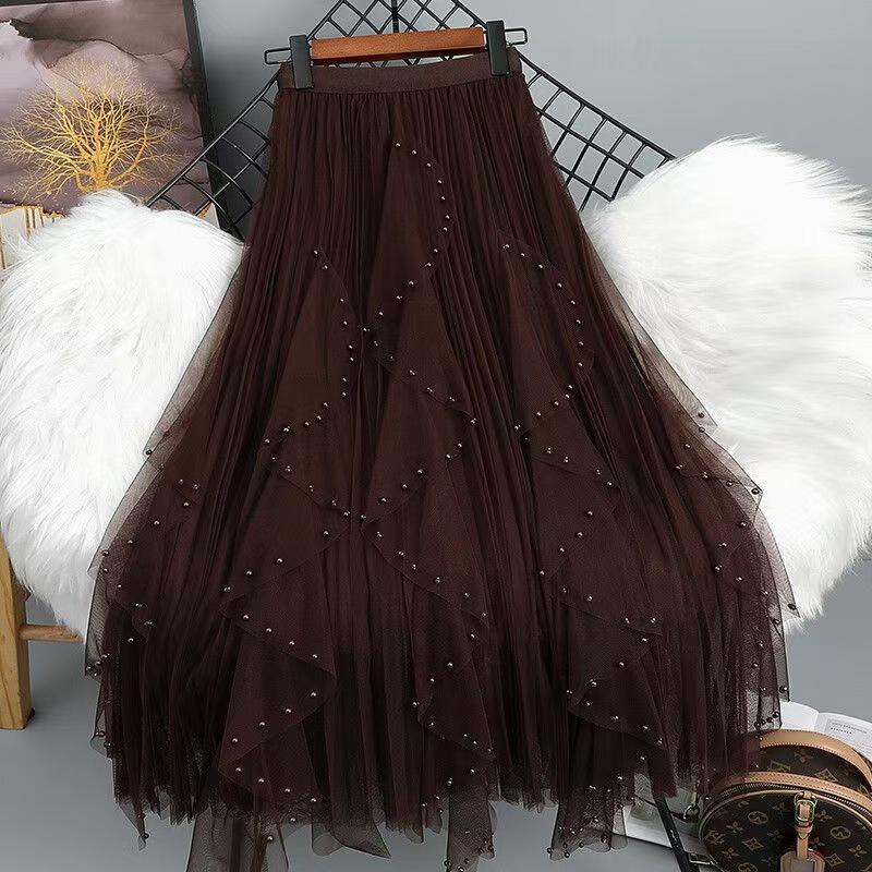 Women's Beaded Mesh High Waist A-Line Skirt - Spring/Summer Korean Style with Irregular Hem and Good Drape