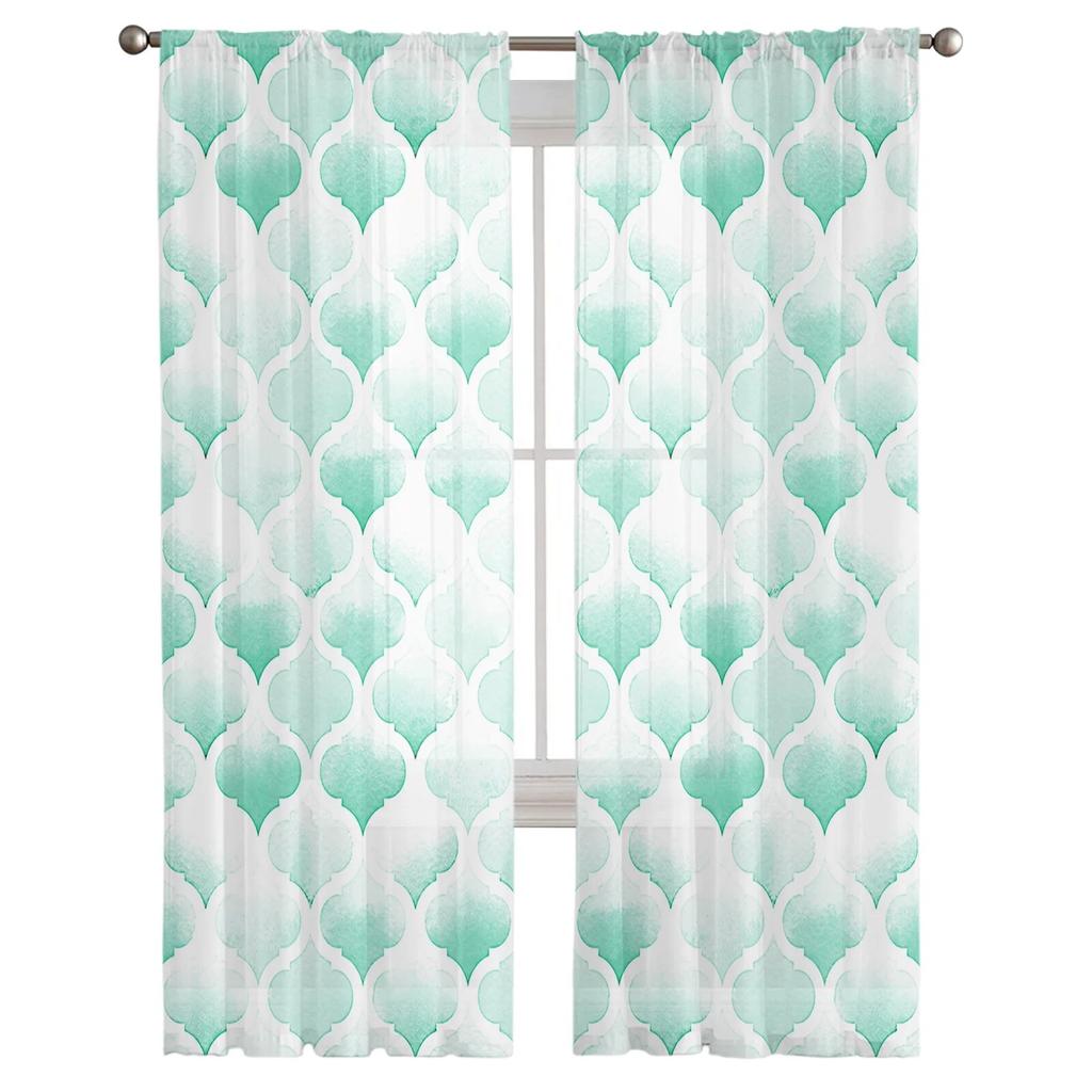 Watercolor Morocco Green Modern Art Window Tulle Curtains For Living Room Kitchen Modern Window Treatments Voile Curtains