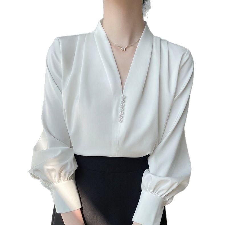 Spring/Summer V-neck Chiffon Shirt for Women OL Professional Long Sleeve Shirt for Women