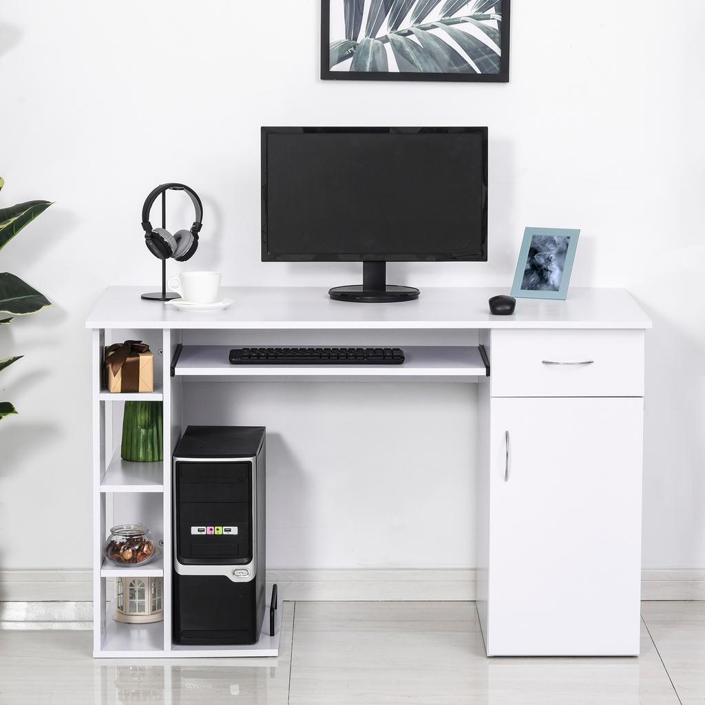 Ergonomic PC Desk with Table, Cabinet, Drawer and Pull-out Keyboard Tray, White, 120x60x74cm