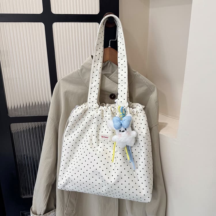 Женская сумка-тоут в горошек на завязке, большая вместительная сумка через плечо белый