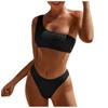 Women's One Shoulder Ribbed Bikini Set Two Piece Swimsuit High Cut Bottoms Textured Fabric Swimwear for Beach Pool