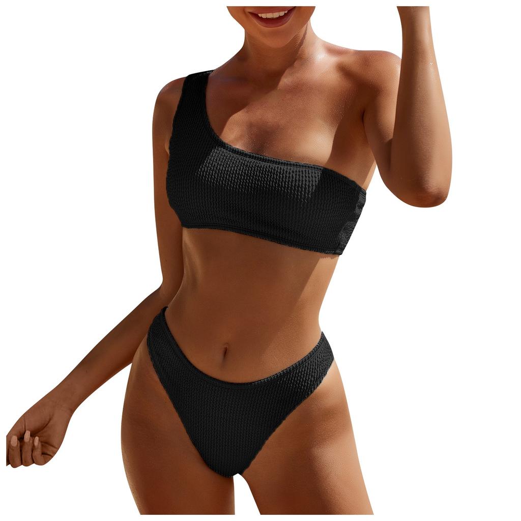 Women's One Shoulder Ribbed Bikini Set Two Piece Swimsuit High Cut Bottoms Textured Fabric Swimwear for Beach Pool