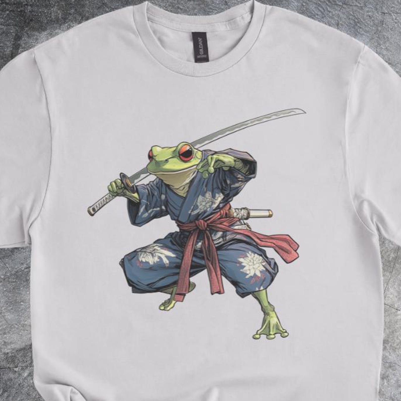 Samurai Frog Shirt Warrior Amphibian Illustration Tshirt Cotton Style Tee Short Sleeve Light Gray 100