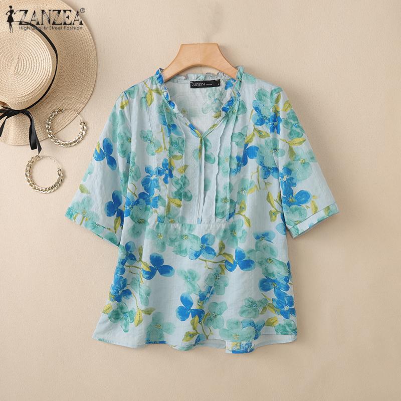 ZANZEA Blusa da Donna Casual con Scollo a V, Stampa Floreale, Vestibilità Larga, Manica a Metà
