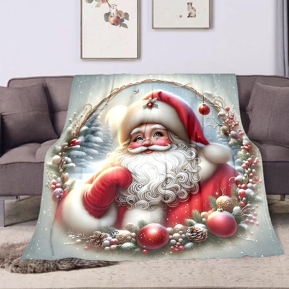 Christmas Santa with Festive Wreath Illustration Patterned flannel blanket perfect for the bedroom living room, sofa, or a little nap