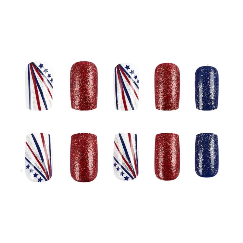 Set di Unghie Finte Glitterate per la Festa dell'Indipendenza 24 pz Mandorla Press on Nail Manicure Decorazioni per Unghie Unghie Artificiali Stick on Nail